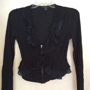 XXI cropped zip up black cardigan with ruffles
